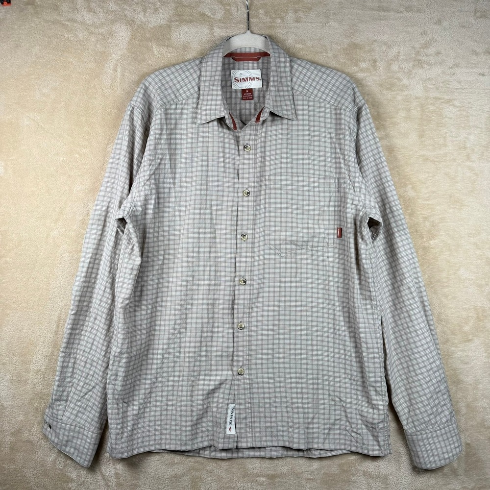 Simms Mens Plaid Long Sleeve Fishing Shirt Grey Tan Medium Gorpcore Outdoor